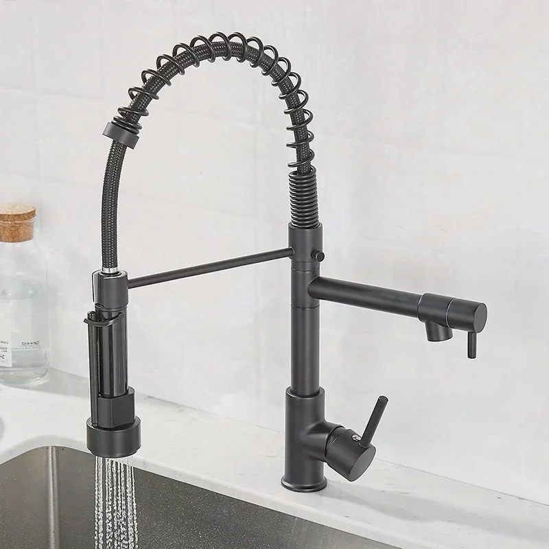 New Kitchen Faucet Black and Rose Golden Spring Pull Down Kitchen Sink Faucet Hot & Cold Water Mixer Crane Tap with Dual Spout