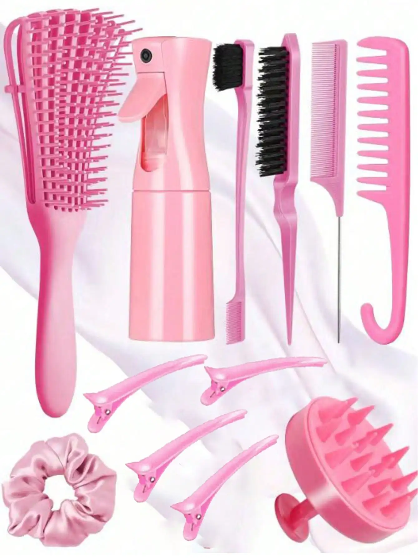 Juego de 12 piezas/Set de peines Octopus de doble uso (húmedo y seco) para niñas, que incluye peine de cola puntiaguda, peine de cola de ratón, peine para bordes, cepillo para el cabello, pinza para el cabello, peine de dientes anchos; (6.8 Oz/200 Ml) Pulverizador hidratante multifuncional pequeño de alta presión con pulverización continua (200 ml)