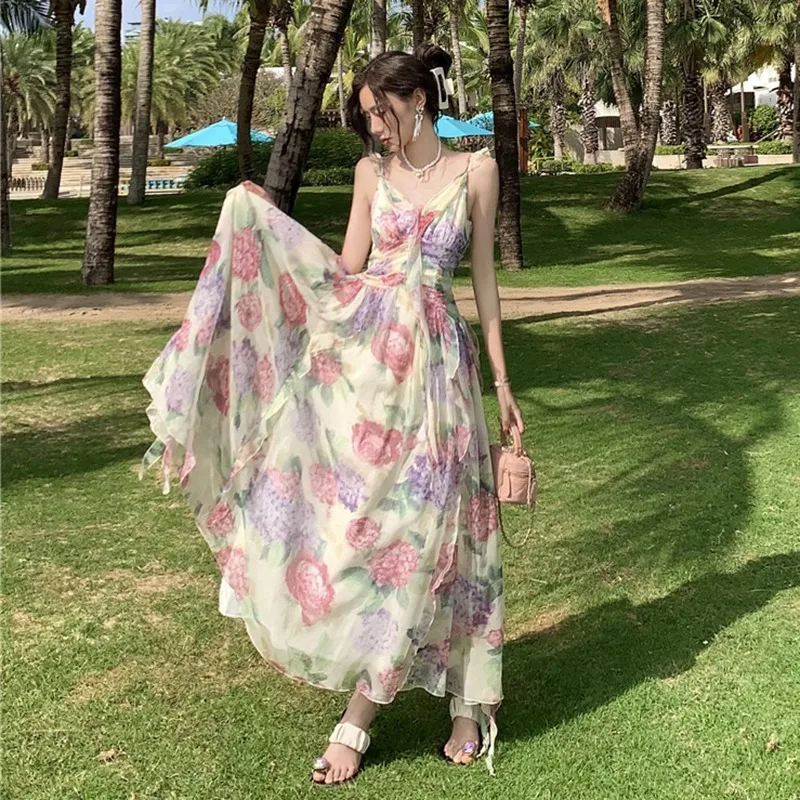 

French Gentle Sweet Women's Backless Long Chiffon Dress Floral Slim Fairycore Elegant Vacation Chic Bridesmaid Clothing 2023 New