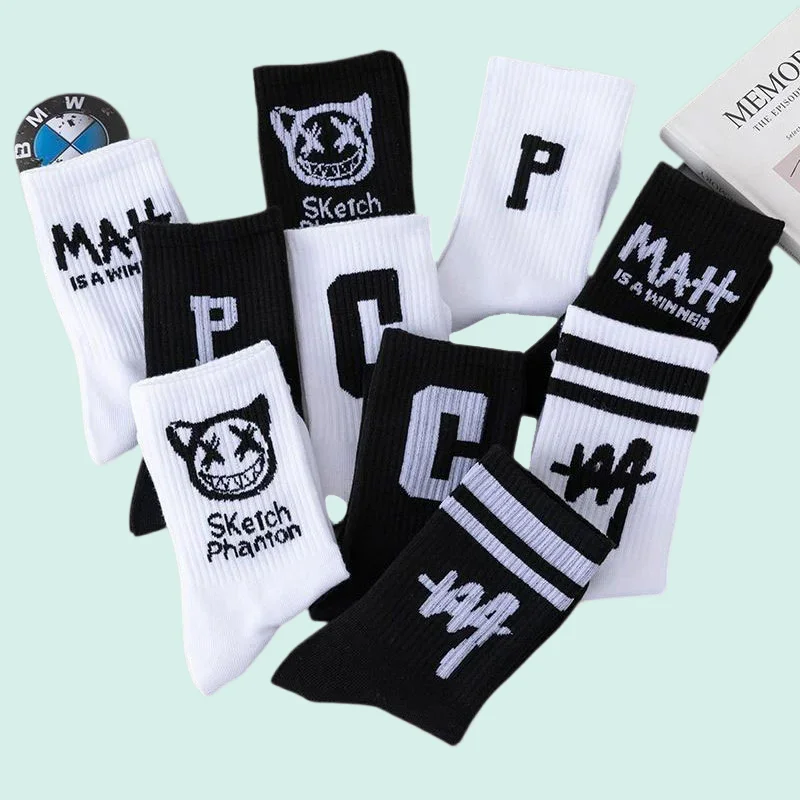 5/10 Pairs 2024 New Men High Quality All-match Mid-tube Socks Letters Trend Cotton Sock Breathable Basketball Men\'s Sports Socks