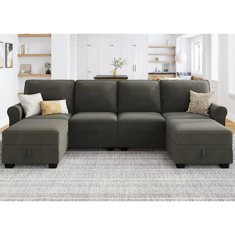 Sectional Sofa with Storage Seat Velvet U Shaped Sectional Couch with Reversible Chaise Convertible Sectional Couches