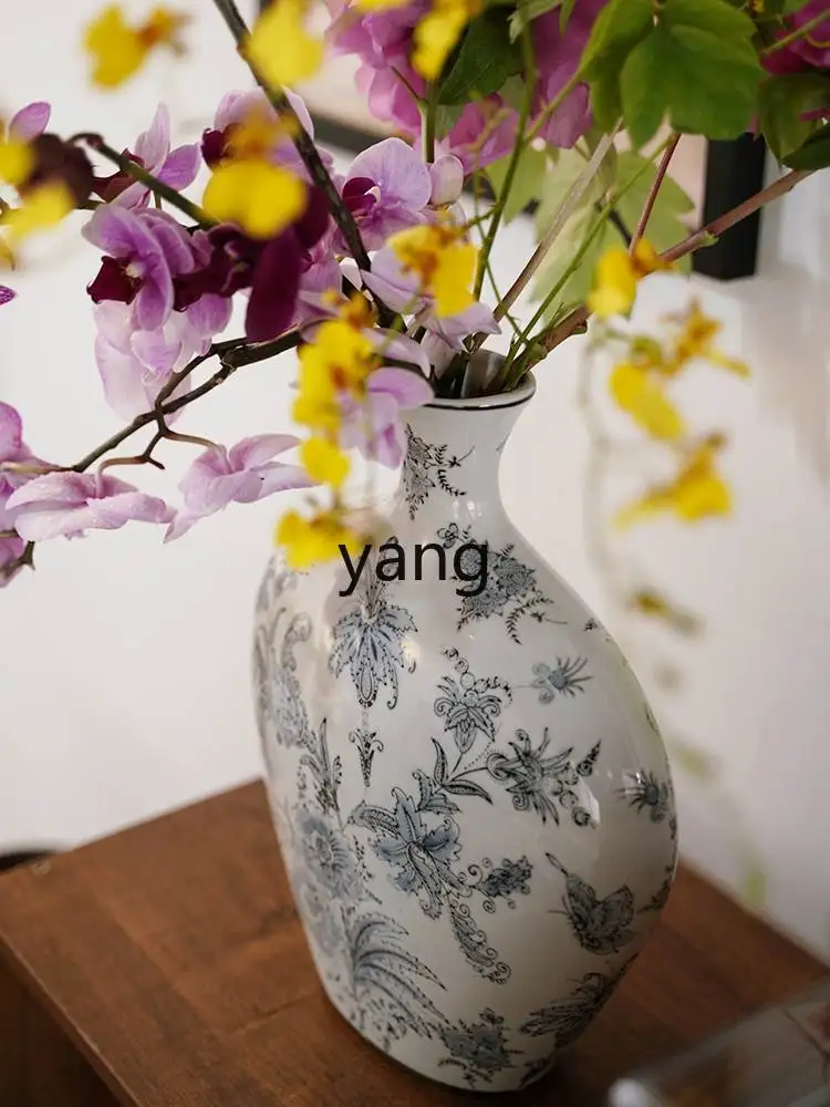 Yjq Blue and White Porcelain Art Hand-Painting Ink Color Porcelain Vase New Chinese Retro Porch Decorative Ornaments