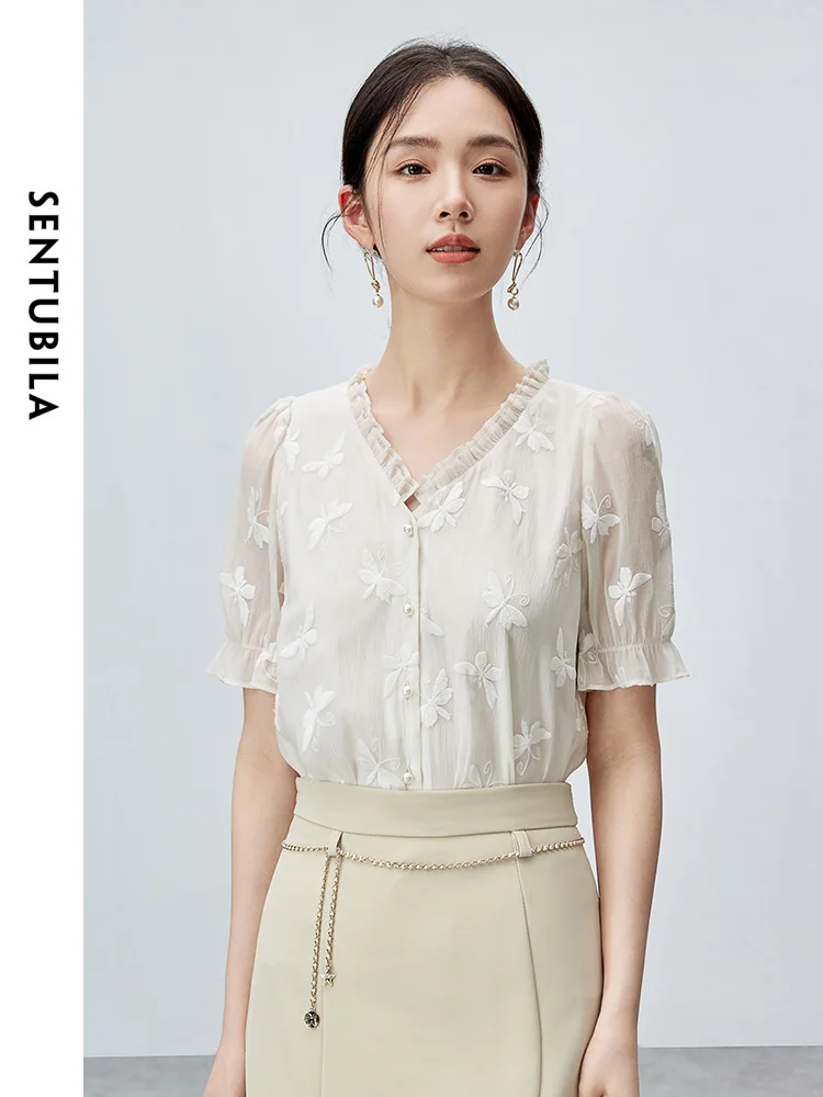 

SENTUBILA Bufferfly Embroidery Summer Shirt for Women 2024 Elegant V-neck Puff Sleeve Lightweight Womens Tops Clothing 142C54975