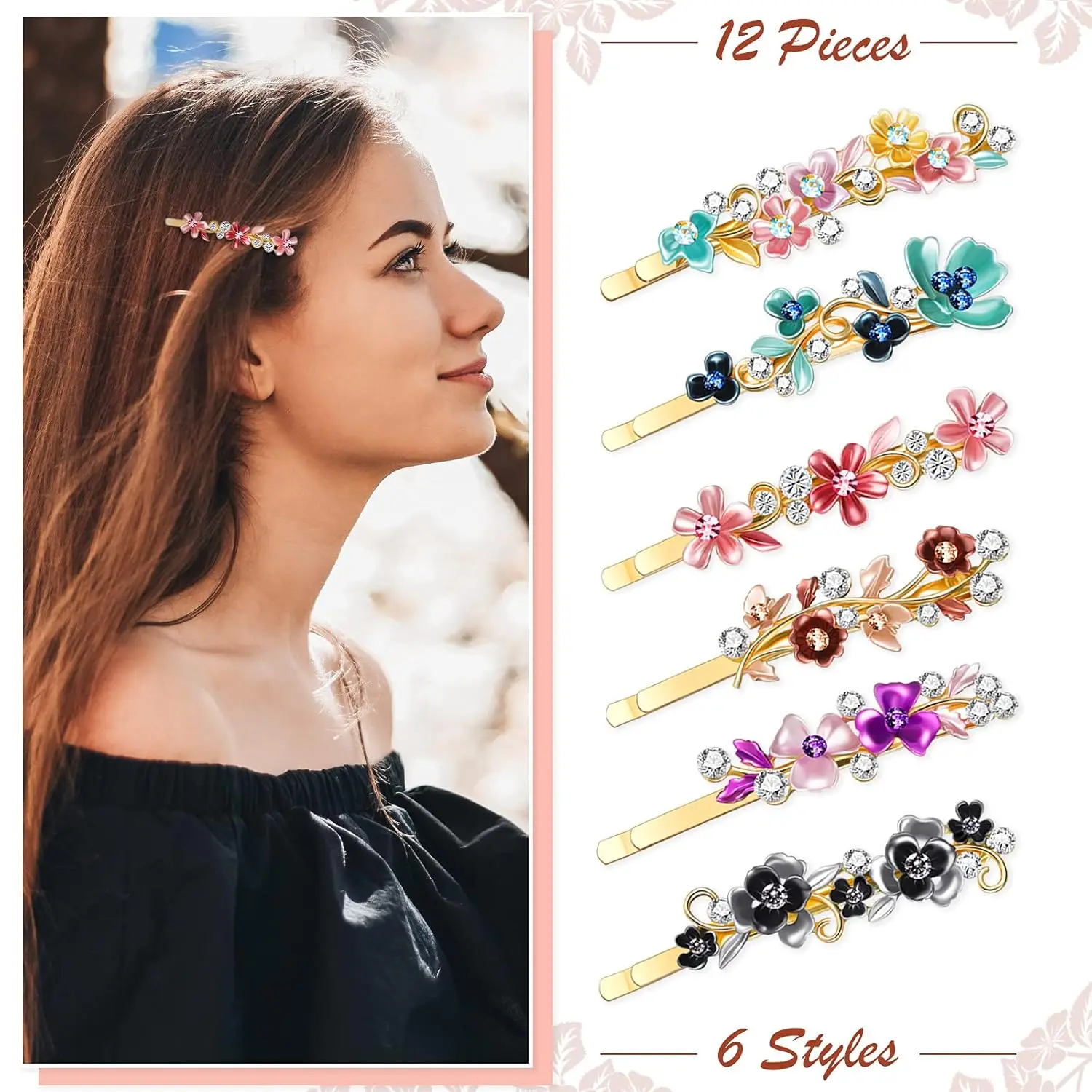 12 Pcs Vintage Flower Hair Pins Women Barrette Bobby Pins Decorative Metal Gold Tone Hairpins Colorful Floral Design Hair Clips