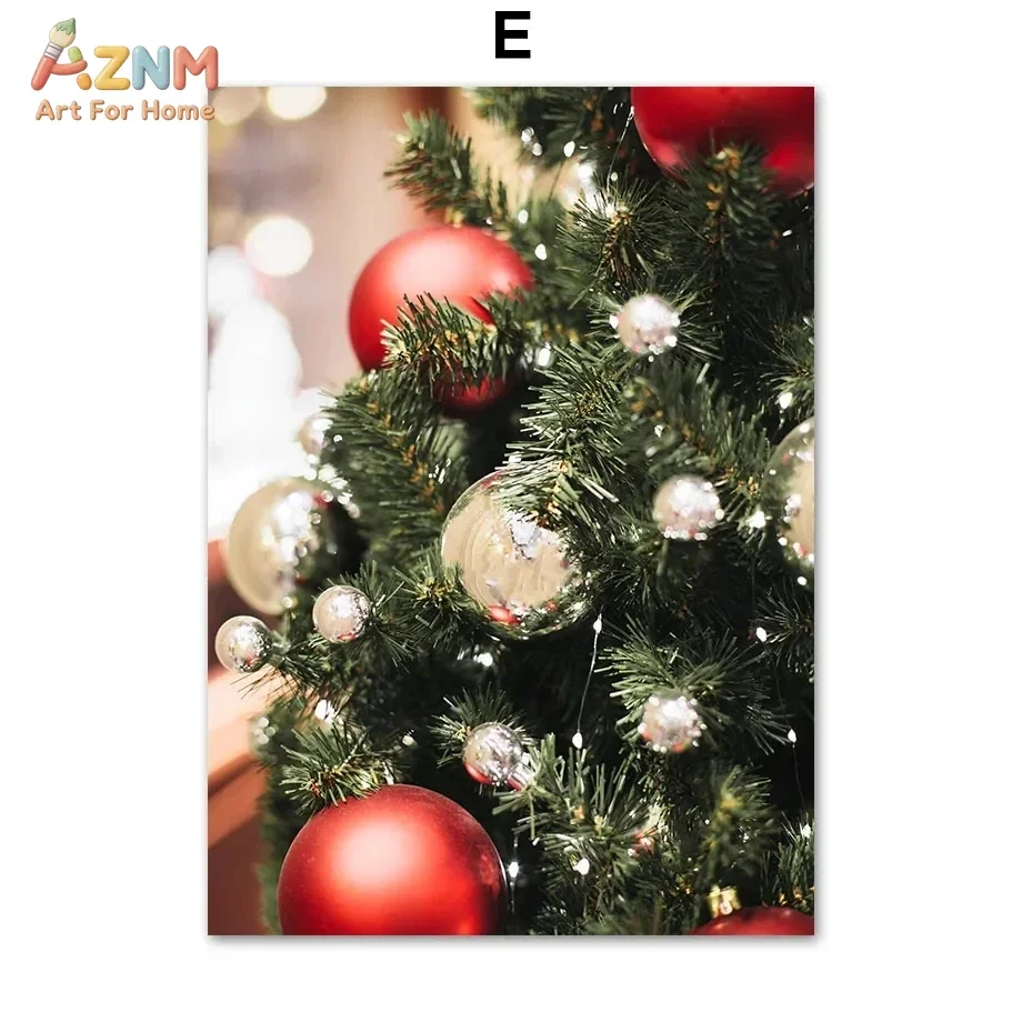 AZNM Luxury Christmas Tree Canvas Wall Art Red Silver Bauble Pine Branch Bokeh Light Photography Print Unframed Canvas Xmas Livi