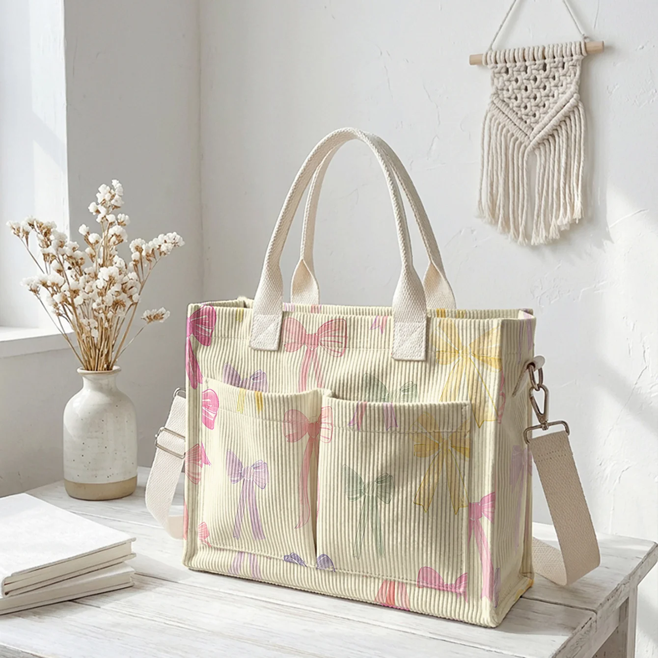 Pastel Bow Print Corduroy Tote Bag Large Capacity Multi Pocket Detachable Crossbody Shoulder Bag