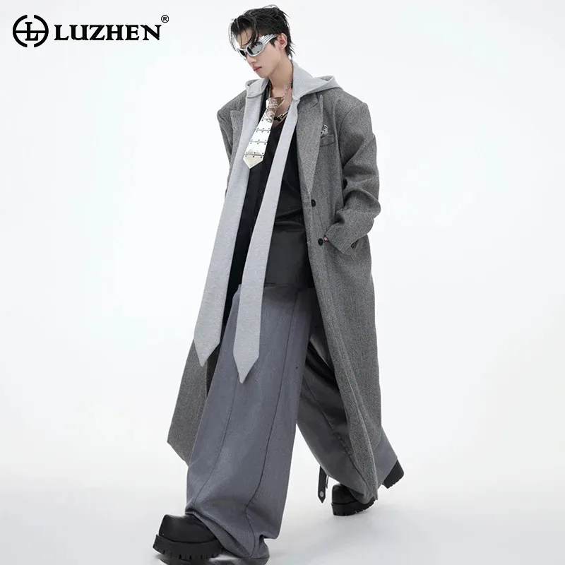 

LUZHEN Autumn Winter Woolen Men Windbreaker Coat Detachable Hoodies Personalized Trendy Loose High-end Thick Trench Coat LZ6279