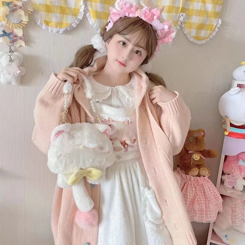 Japanese Cute Lolita Knitted Cardigan Women Harajuku Kawaii Pink Hooded Long Sweater Coat Girls Sweet Loose Pocket Knitwear Tops