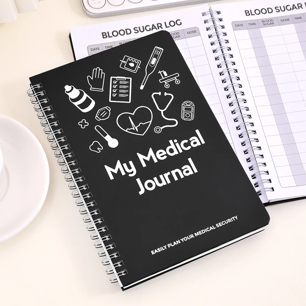 57 sheets Hardcover My Medical Journal Spiral-Bound Notebook with Stethoscope EKG Line Illustrations for Family Medical History