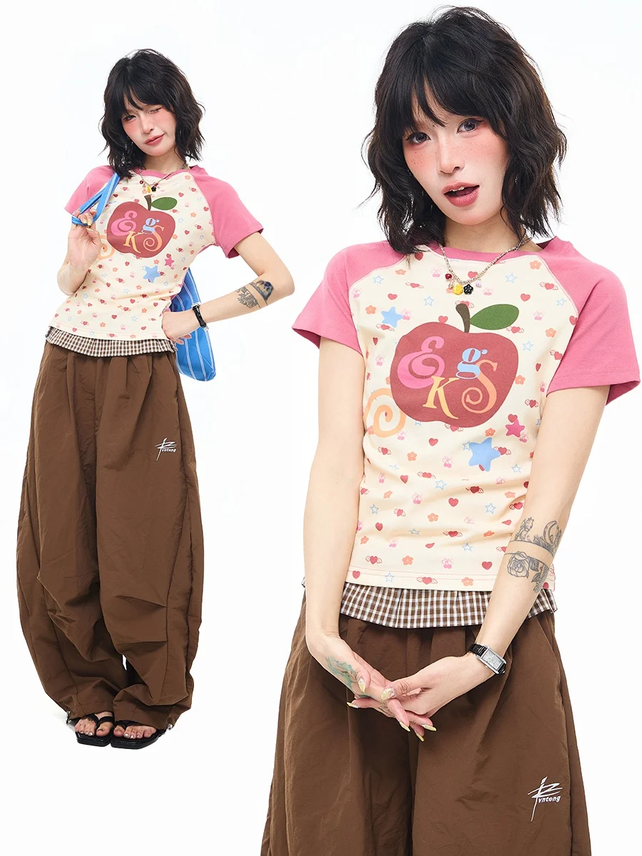 

Sanowers Sweet Cool Print Shoulder T-Shirt Women's Slim Fit Summer New Style Short Sleeve T-Shirt Youth Cotton Polyester