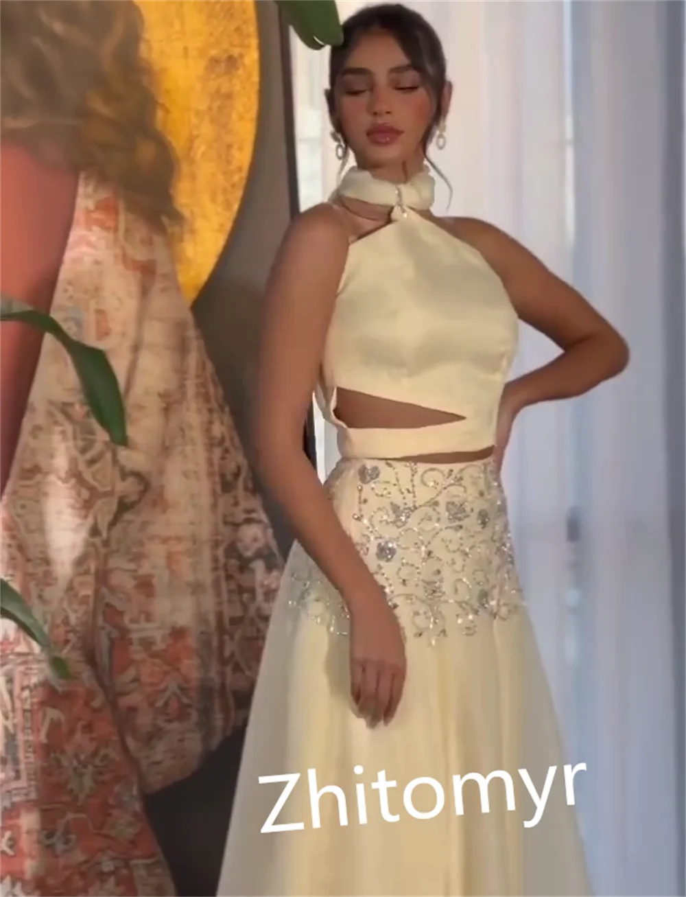 Customized Exquisite High Quality Halter A-line Anke Length Evening Dresses Paillette / Sequins S ladies dresses for special oc