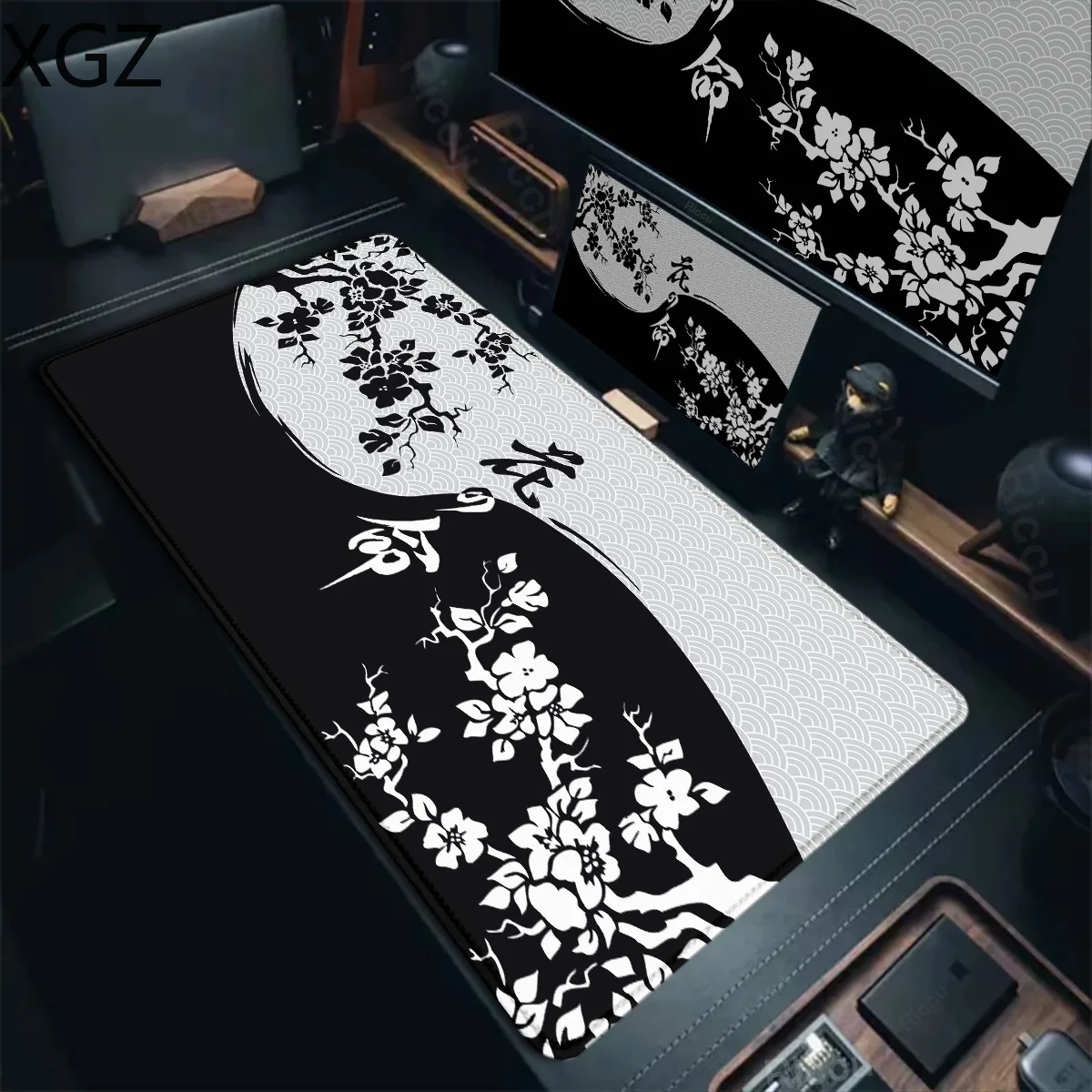 XXL Black and White Sakura HD Computer Home Keyboard Pad Large Mouse Pad 90x40cm Laptop Anti-Slip Fine Seam Cleanable