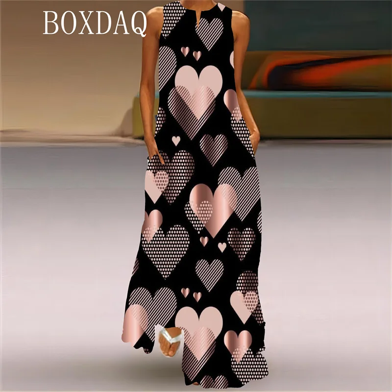 Sparkling Gradient Love Pattern Printed Long Dress For Women Elegant Valentine's Day Party Dress Spring Summer New 2025 Vestidos