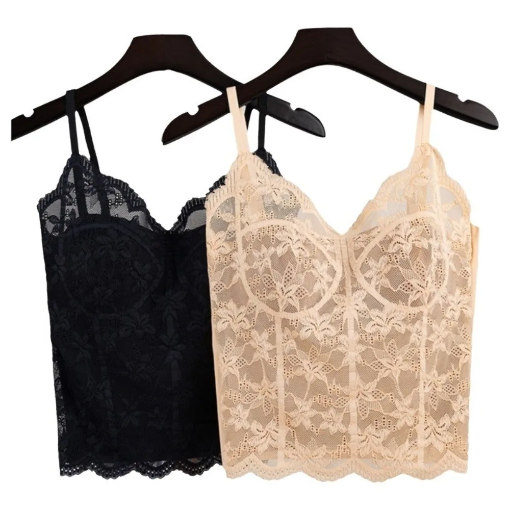 Built-In Chest Pad French Lace Camisole Wireless Design Beautiful Back Design Lace Strap Vest Gathered Style Nylon Material