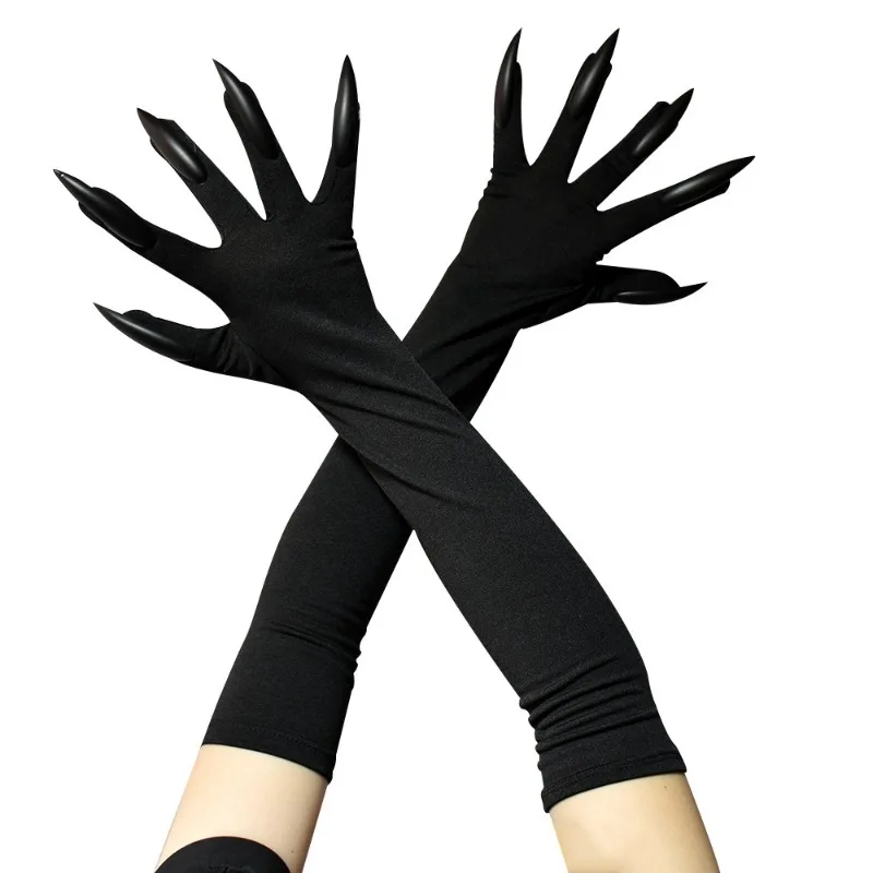 Halloween Witch Long Nail Ghost Cat Demon Paw Gloves Cosplay Black Elastic Satin Stage Performance Women Party Fashion Gloves