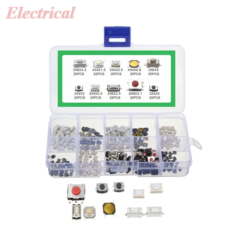 

250Pcs/box Mixed Tactile Push Button Switch 3x6x4.3 4x4x1.5 3x4x2.5 4x4x0.8 3x6x5 3x4x2 3x4x2.5 3x6x2.5 6x6x3.1 3x4x2