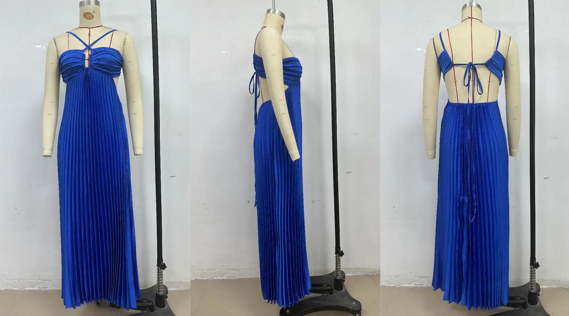 Blue Pleated Halter Long Dress Women's Solid Sleeveless Backless Lace-up Maxi Dress Summer Beach Vacation Evening Party Vestidos