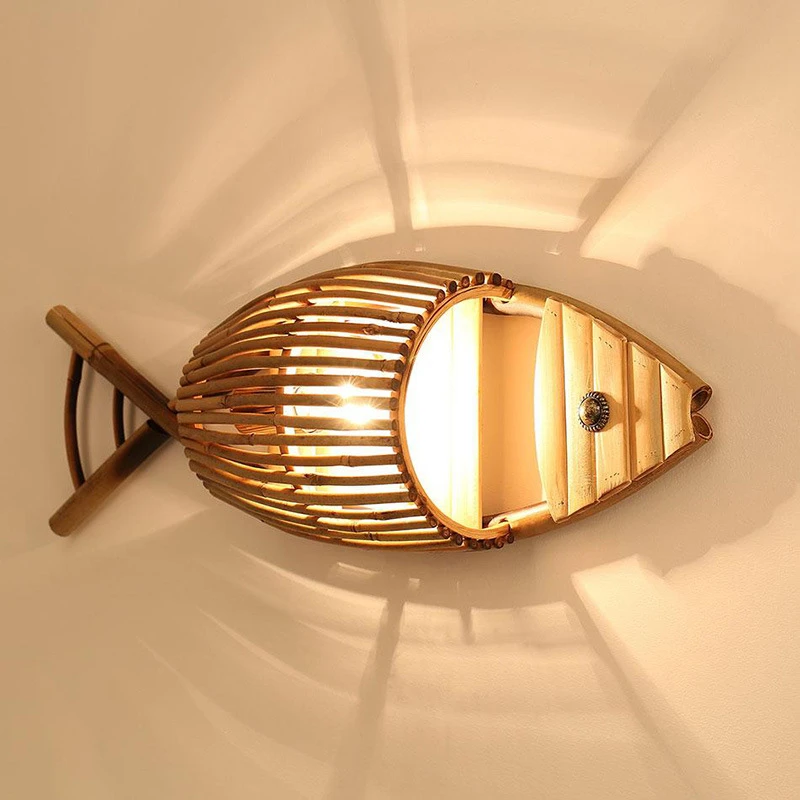 Japanese Wabi-sabi Pendant Light Bamboo Fish Hanging Lamp Home Decoration LED Chandelier for Living Dining Room Exhibition Lobby