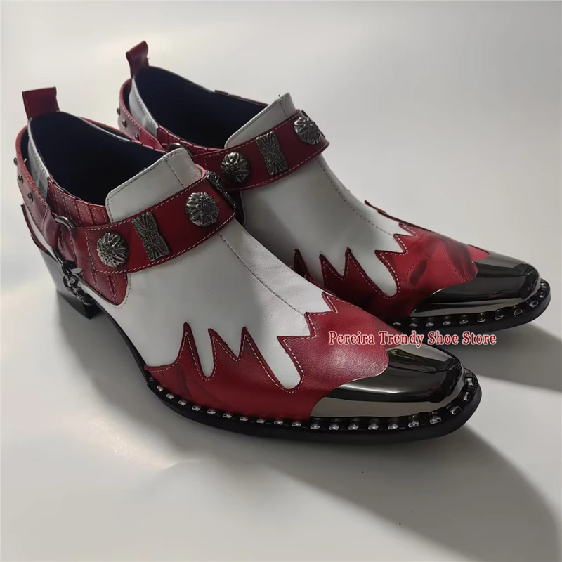 Metal Square Toe Rivet Strap Men Shoes British Style Mixed Color Genuine Leather Casual Business Shoes Party Banquet Dress Shoes