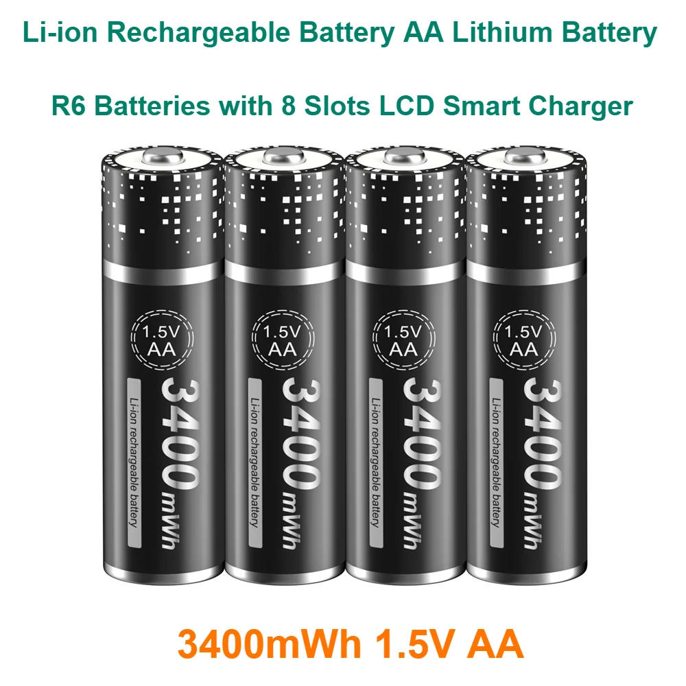 Li-ion Rechargeable Battery AA Lithium Battery R6 Batteries with 8 Slots LCD Smart Charger High Capacity 3400mWh 1.5V AA