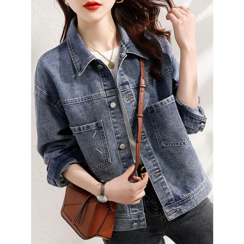 Coat Women Denim Coats Turn Down Collar Single Breasted Full Sleeve Classic Jackets Work Casual Vintage Y2k Streetwear Basic
