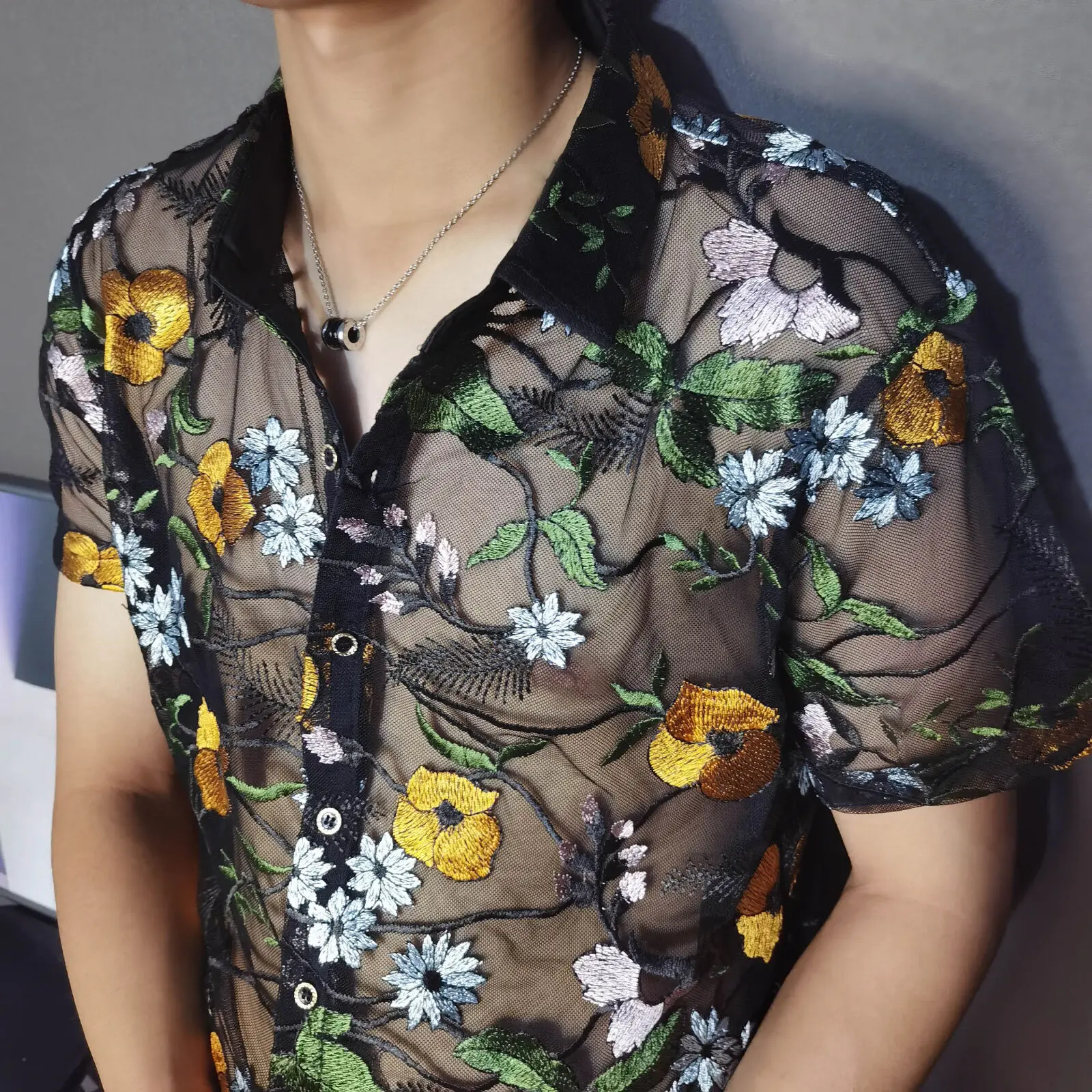 Luxe Mesh Transparent Shirt  Summer Short Sleeve Shirt Flower Lace Shirt Embroidery See Through Sexy Shirt Men Chemise Homme