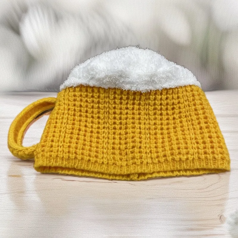 3D beer cup hat for autumn and winter warmth, unisex knitted wool hat suitable for outdoor windproof and cold insulation