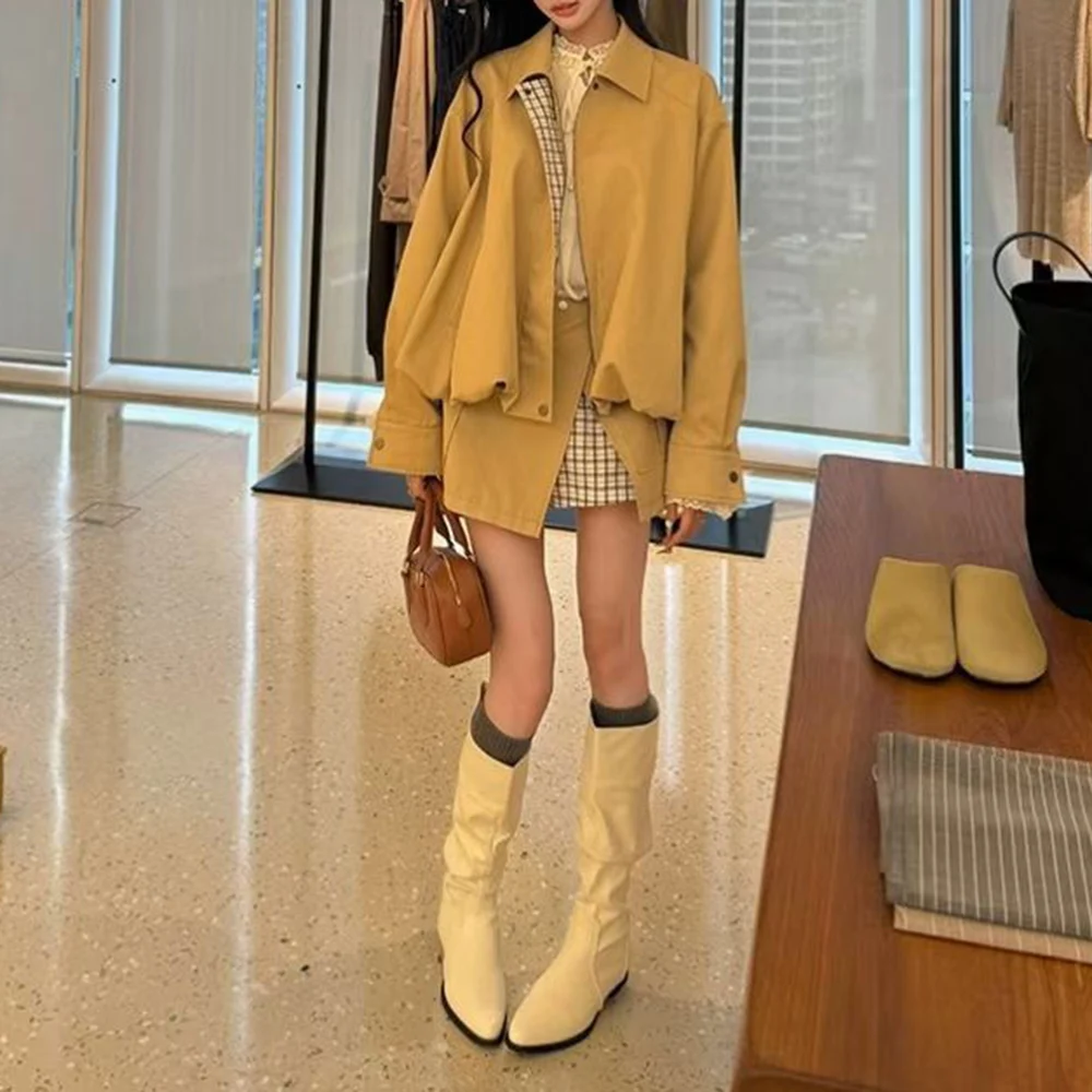 TWOTWINSTYLE Khakl Spliced Pocket Two Piece Set Female Lapel Long Sleeve Jacket Streetwer Women's Skirt Set Fashion New Style view 5