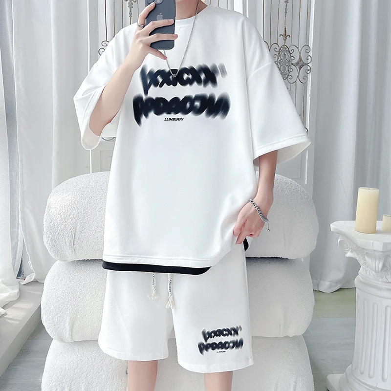 4 Colors!2024 Men's Set Summer High Street Phantom Letter Printing Fashion Casual Short Sleeve T-shirt Shorts Set