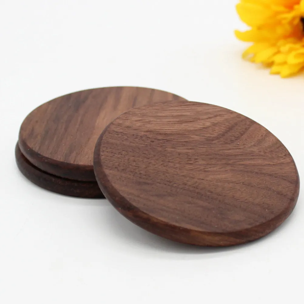 2Pcs Wooden Cup Holder Coasters Black Walnut Natural Wood Heat Resistant Non Slip Round Square Groove Placemat for Home Tea