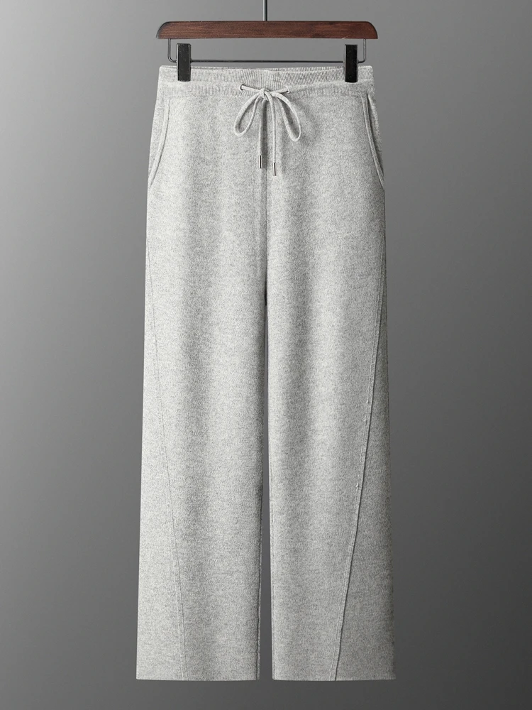 100% Merino Wool Suit Men Hooded Pullover Autumn Winter Knitted Two-Pieces High Waist Trousers Fashion Solid Color Sweater Pants