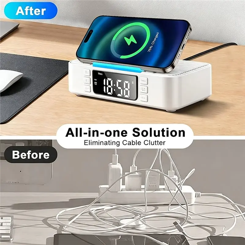 Super Deal -Wireless Charging Station(9-In-1), Bluetooth Speaker, Alarm Clock, FM Radio, Night Light