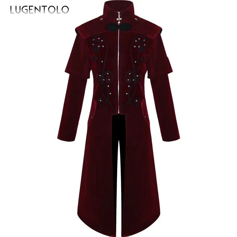 Masculino medieval trench gótico casacos retro gola cruz zíper traje renascentista uniforme halloween jaqueta longa