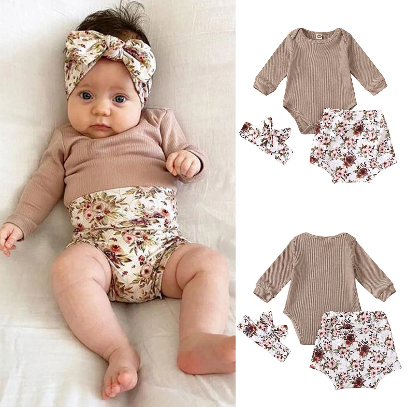 6 9 12 18 Months Newborn Baby Girls Clothing Sets 2024 Summer Ribbed Bodysuit+Floral Shorts+Headband Suit Childrens Girl Clothes