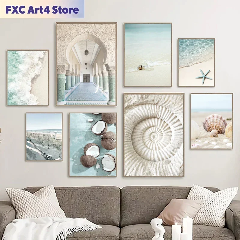Frameless Scandinavian Simple Wall Art Summer Ocean Seashells Starfish Waves HD Canvas Poster Prints Home Bedroom Living Room De