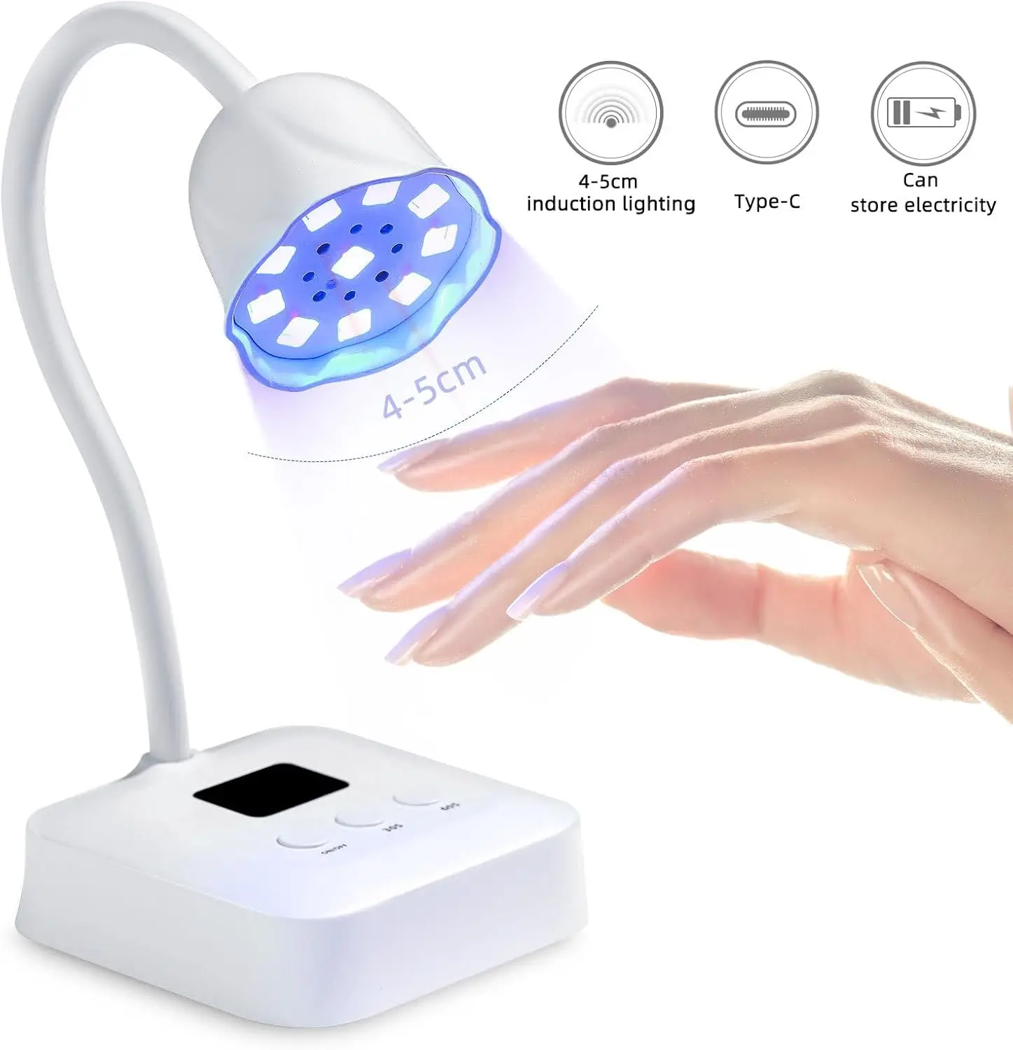 مصباح أظافر LED بالأشعة فوق البنفسجية بقدرة 30 وات مع مستشعر تلقائي وشحن من النوع C، أبيض