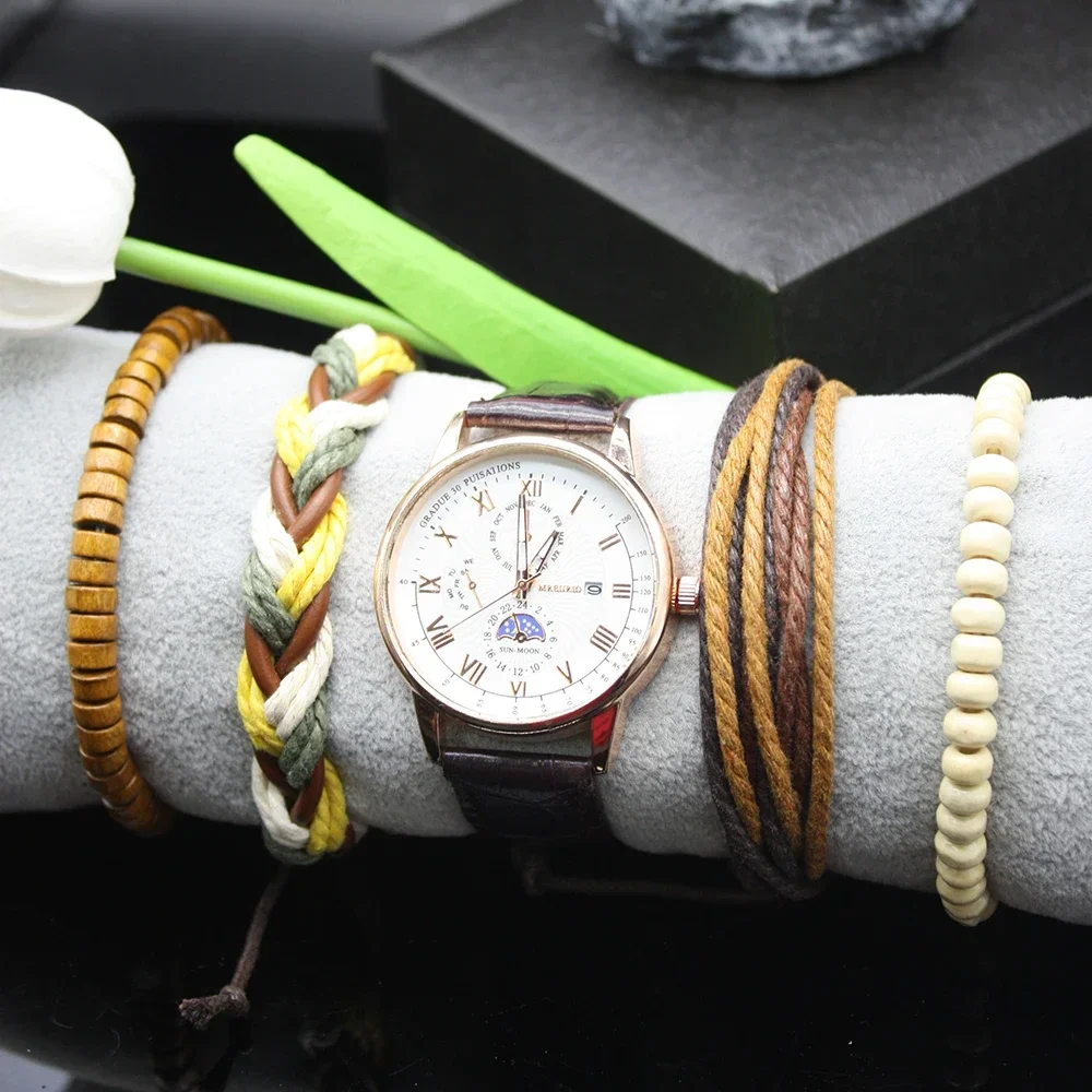 5pcs Set Automatic Watch for Men Fashion Exquisite Leather Retro Strap Include Bracelets Fancy Box for Holiday Gift