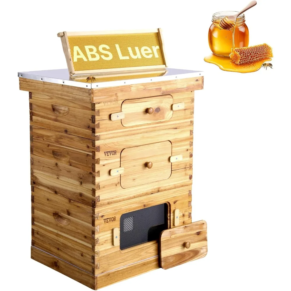 VEVOR Bee Hive 10 Frame Bee Hives Starter Kit، خشب التنوب المطلي بشمع العسل، 2 عميق + 1 صندوق نحل متوسط طقم خلية النحل Langstroth، Tran