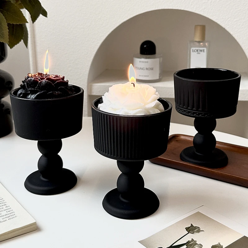 Retro Black Frosted Glass Candle Holders for Pillar Candle and Taper Candle Goblet Wine Glass Photography Ornaments Decoration