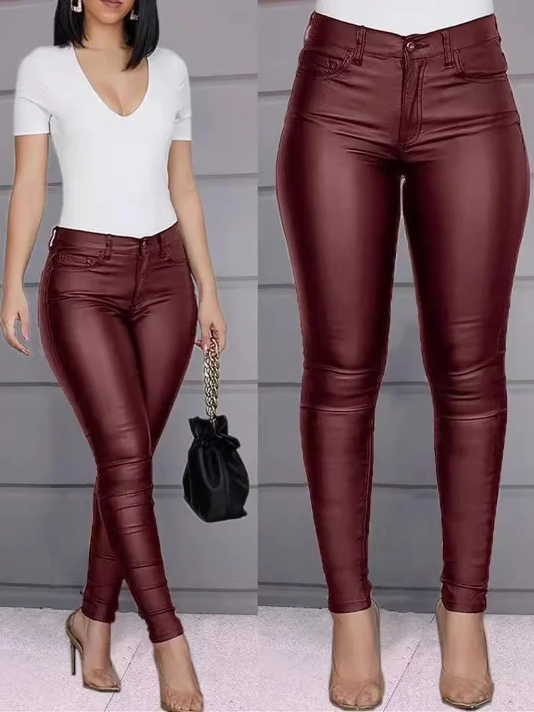 Spring Autumn Women PU Leather Pants Black Sexy Stretch Bodycon Trousers Leggings Female High Waist Long Casual Pencil Pants