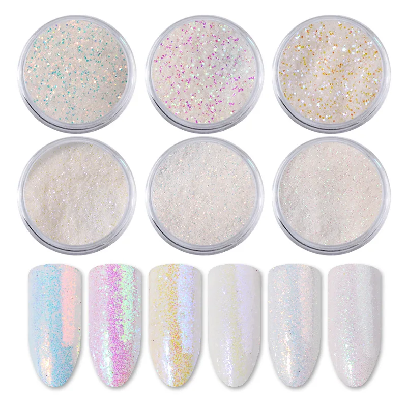 6Pcs/Set DIY White Holographic Nail Glitters Mix Laser Aurora Sequins Nail Powder Dust Nail Art Decoration