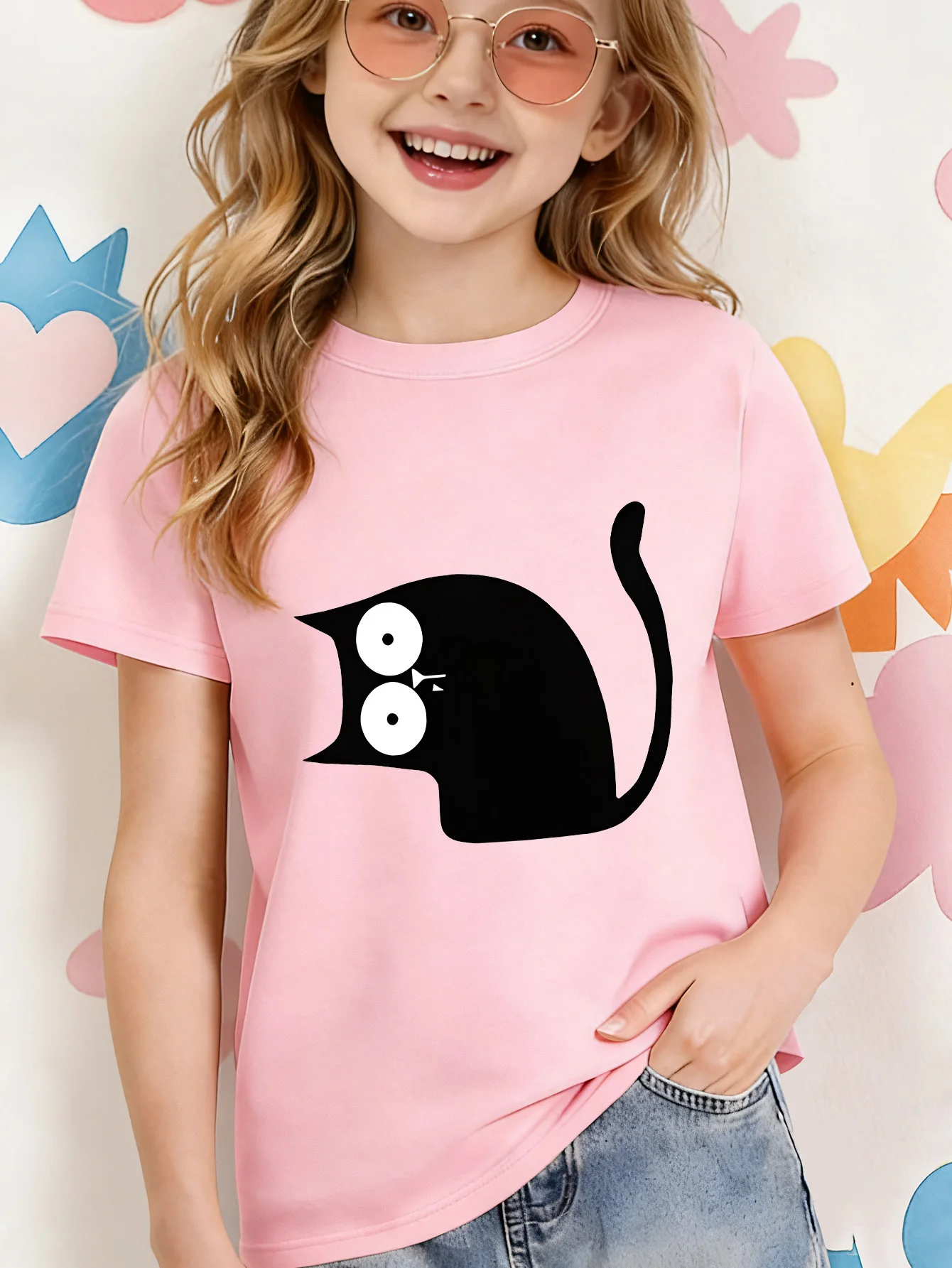 Minimalist Surprised Black Cat Cartoon Kids T Shirt Boys Girls Short Sleeve Crew Neck Cotton Parent Matching Tops Toddler Youth