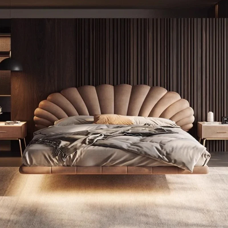 

180x200cm 200x220cm Luxury Italian Suspended Petals First Layer Cowhide Double Bed Leather Marriage Beds LED Queen Bed Frames