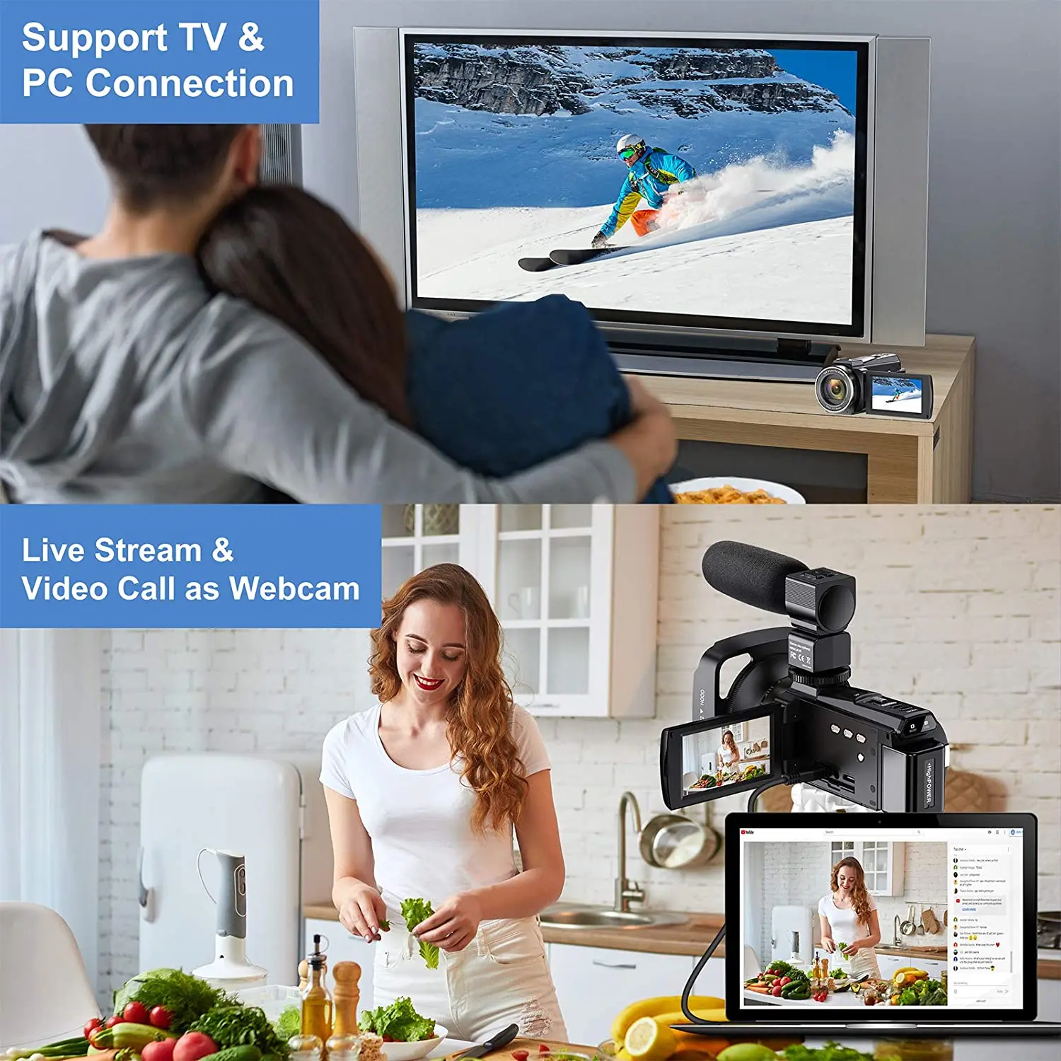 4K Video Camera Camcorder with Microphone 48MP Vlogging  16X Zoom 3.0" Touch Screen IR Night Vision Wi-Fi Vlog Cameras Web