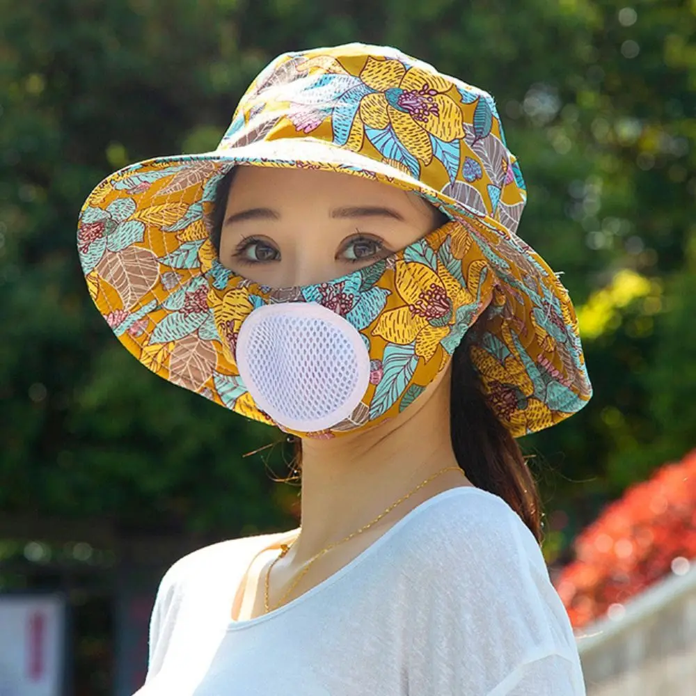 Sun Protection Sunscreen Mask Hat Wide Brim with Air Vent Bucket Hats With Face Cove Korean Style Women Sun Hat Tea Picking