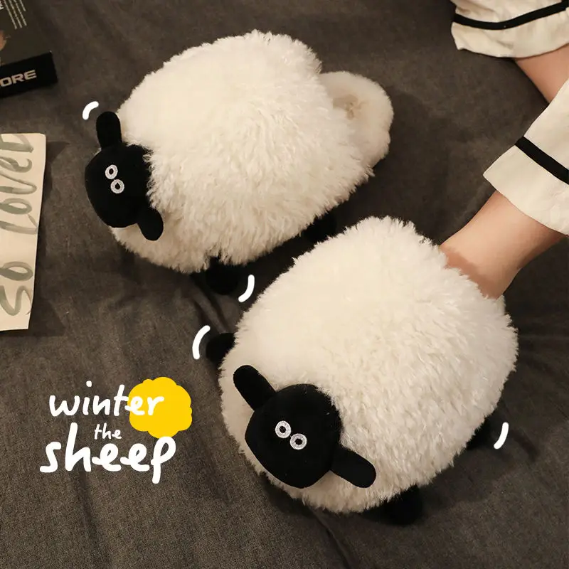 Fluffy sheep slippers for couples wife husband winter slides shoe women's fuzzy white animal slipper indoor floor shoes 43 44 45