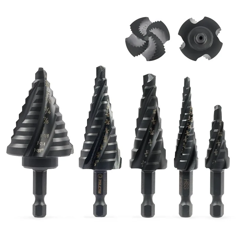 

ZELCAN Step Drill Bit Set, 5PCS Four Spiral Flute Step Bits for Metal, 50 Sizes Titanium-Coated HSS Drill Bits with 1/4" Hex