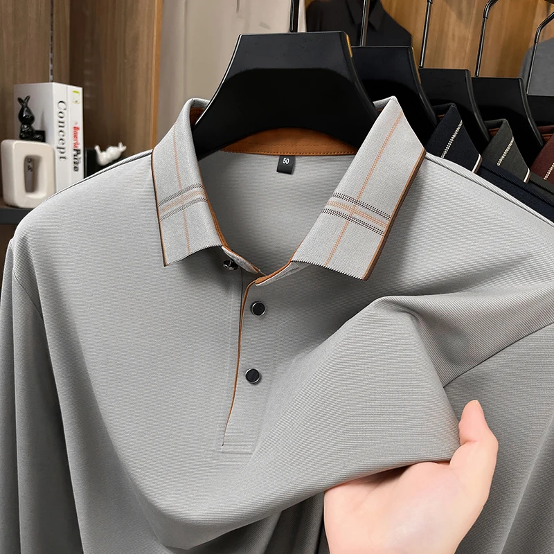 

Luxury trend men long sleeve polo shirt high quality silky smooth comfort autumn new casual fashion unique striped lapel T-shirt