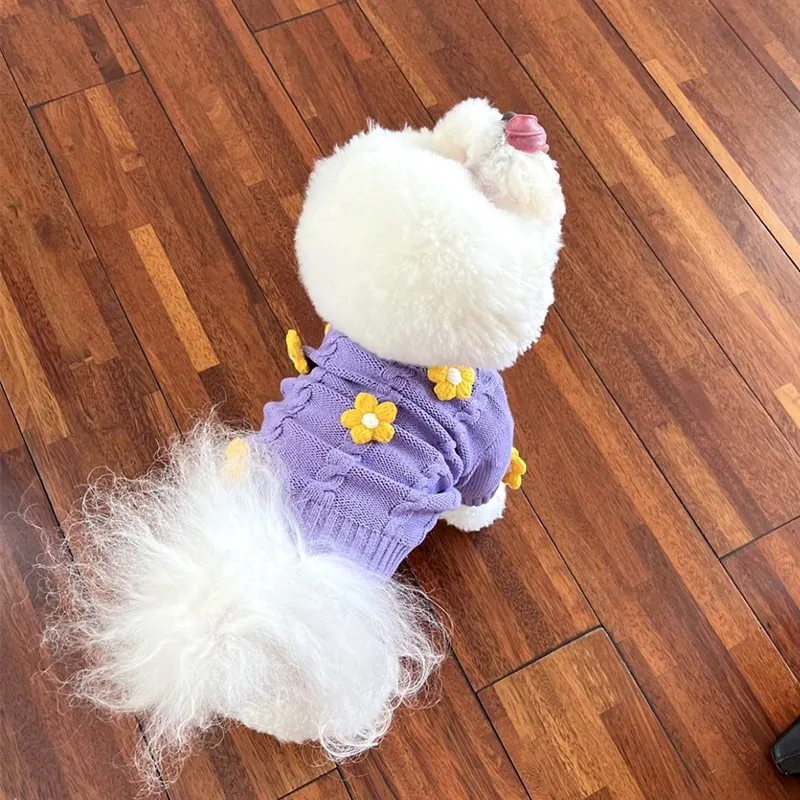 Warm Flower Dog Clothes Fashion Purple Dog Clothes Pet Sweaters Autumn Dog Warm Clothes Teddy Knits Softer than Bears Sweaters