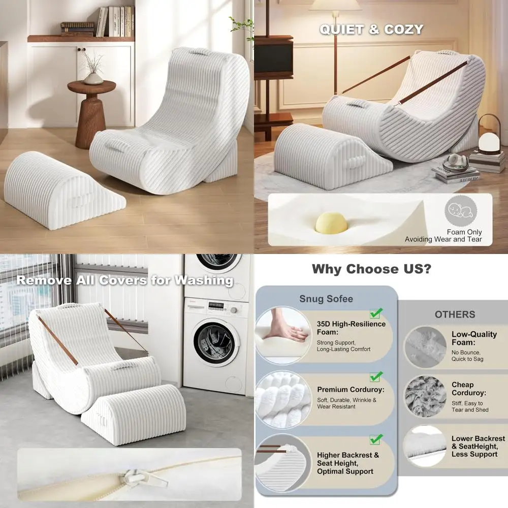 

Adult-Sized Memory Foam Bean Bag Chairs with Adjustable Lounger and Corduroy Cover